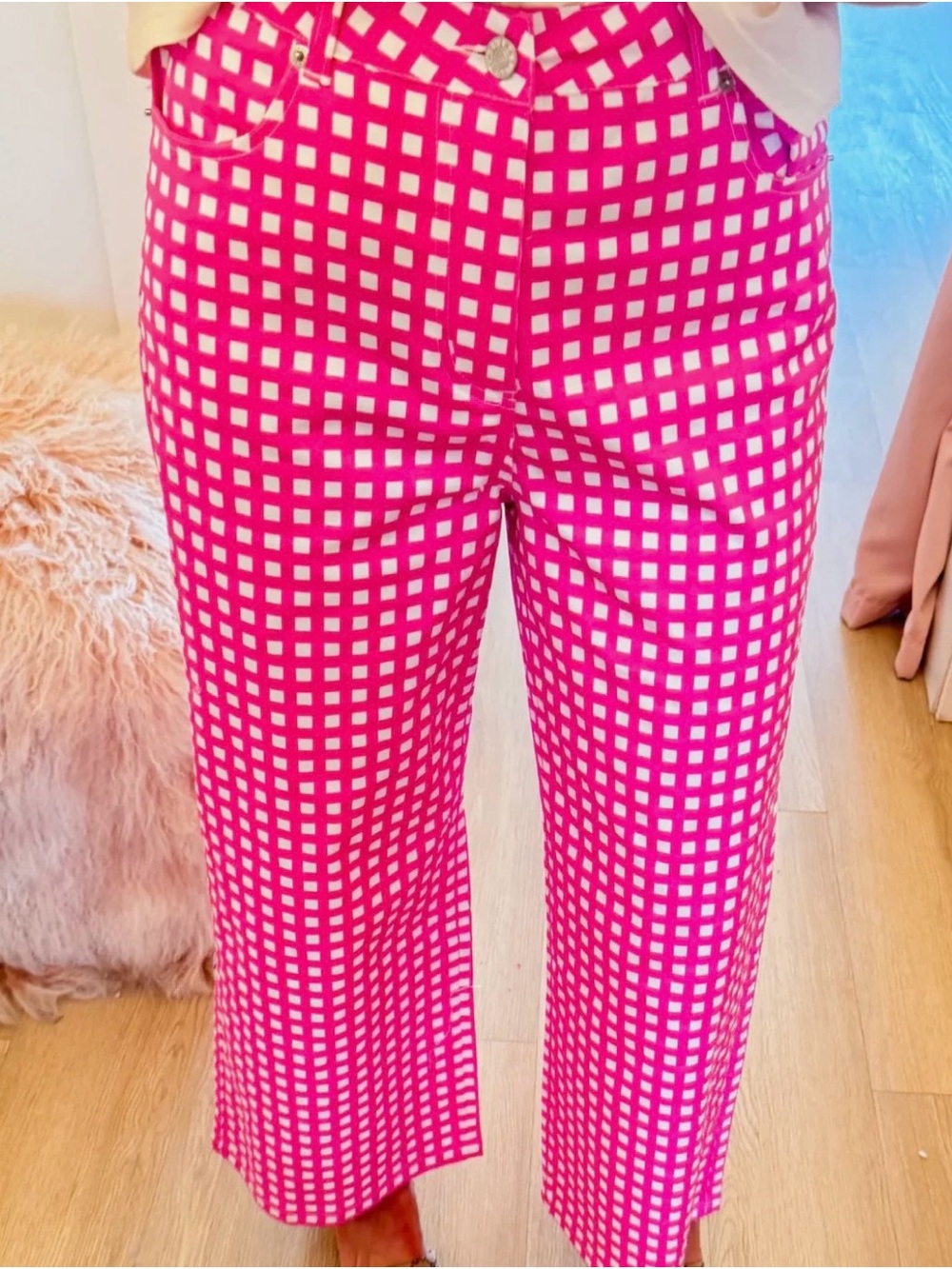 Bright Pink Check Stretch Jeans for Women NWT